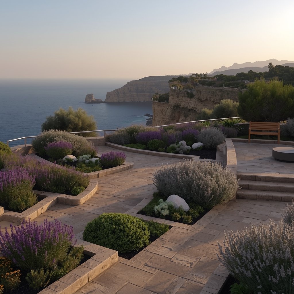 Jardín en la Costa del Sol con terrazas de piedra natural