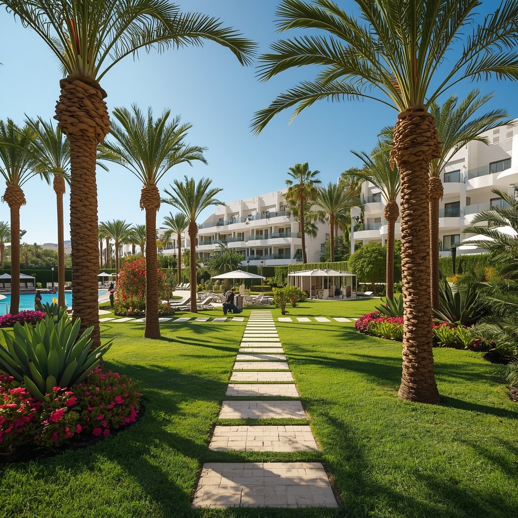 Jardín mediterráneo de resort con palmeras y plantas exóticas