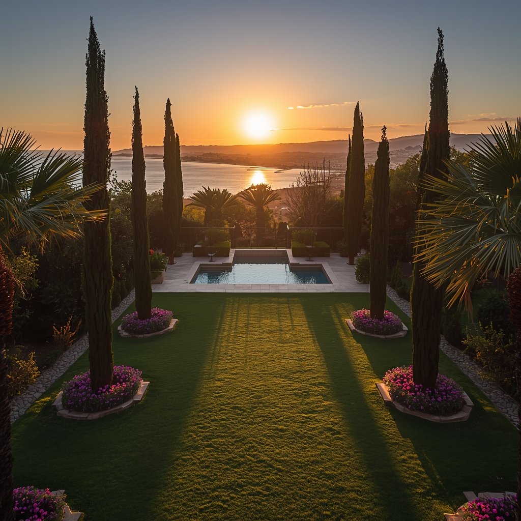 Jardín mediterráneo al atardecer con piscina y cipreses
